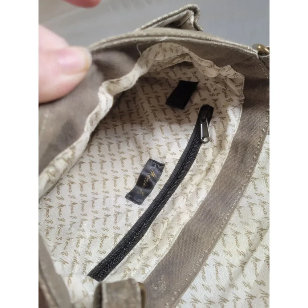 Mona B Recycled Upcycled Canvas Key Lock Flap Crossbody Bag Tan Boho
